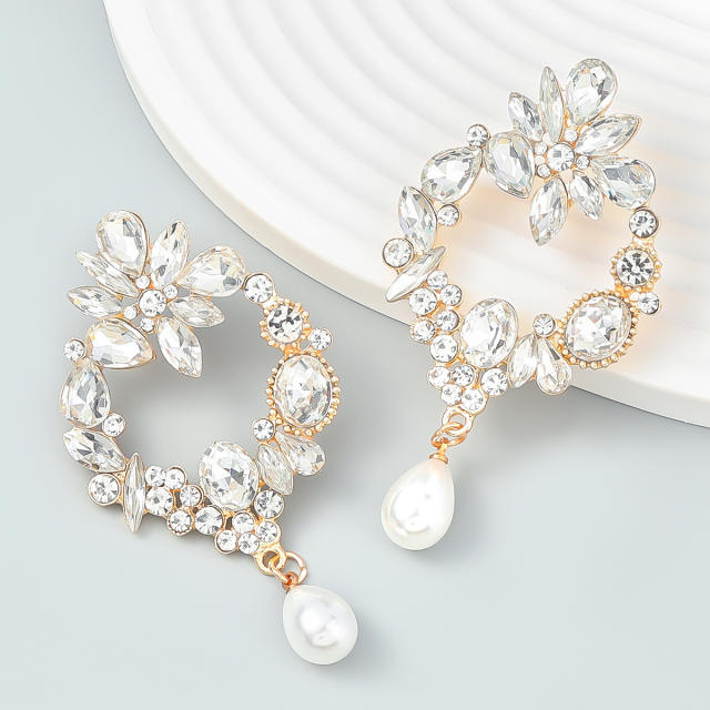 Geometric shape rhinestone pearl earrings