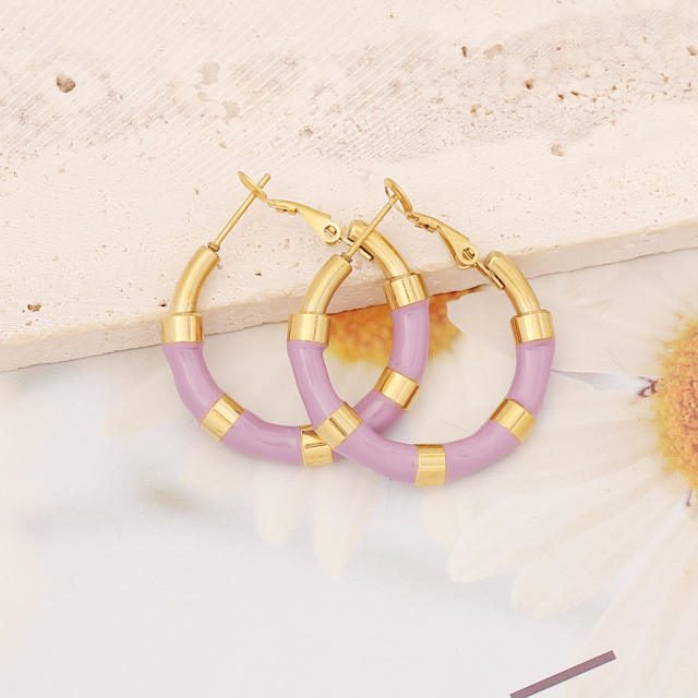 Color enamel stainless steel bamboo hoop earrings