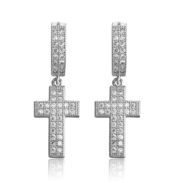 Hip hop zircon cross pendant earrings
