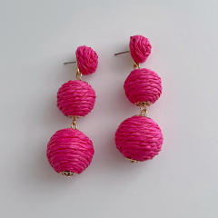 Boho handmade coloful straw ball holiday earrings