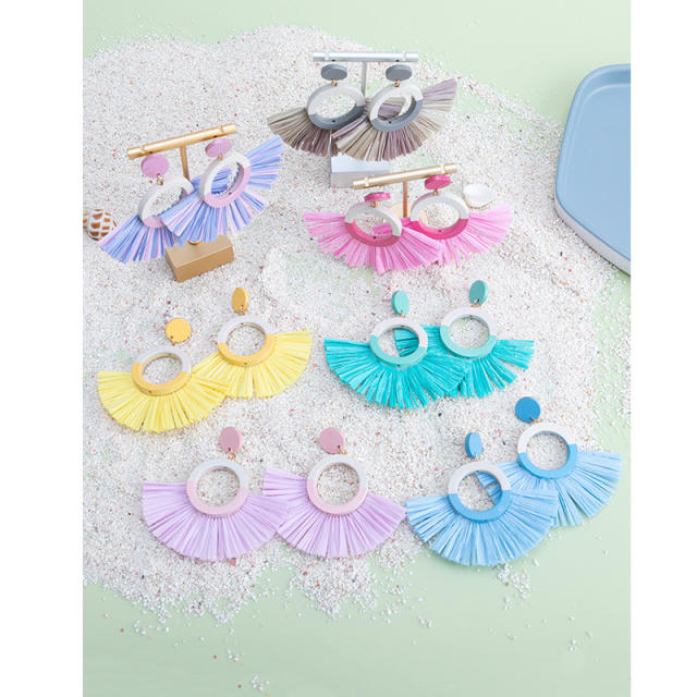 Boho summer colorful straw fan shape earrings