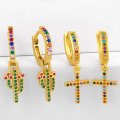 Rainbow color zircon setting The cactus copper huggie earrings
