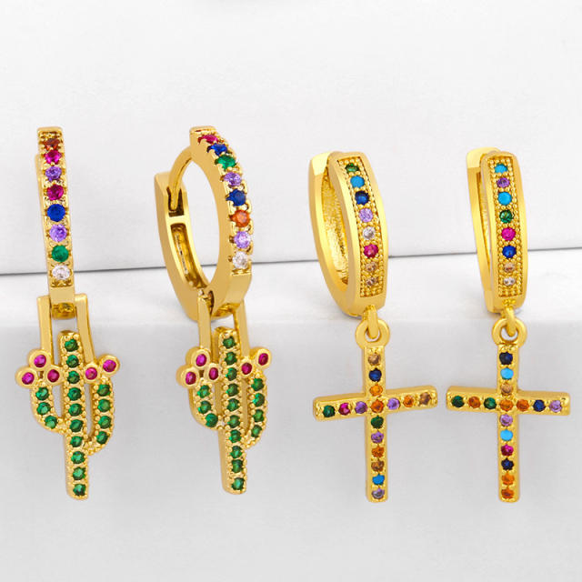 Rainbow color zircon setting The cactus copper huggie earrings