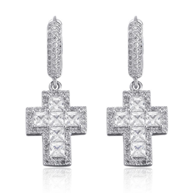 Hip hop zircon cross pendant earrings