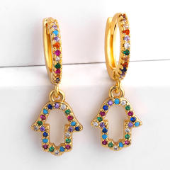 Rainbow color zircon setting the hand and life tree shape copper huggie earrings