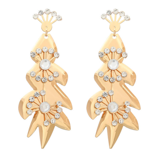 Rhinestone leaf shape chunky earrings