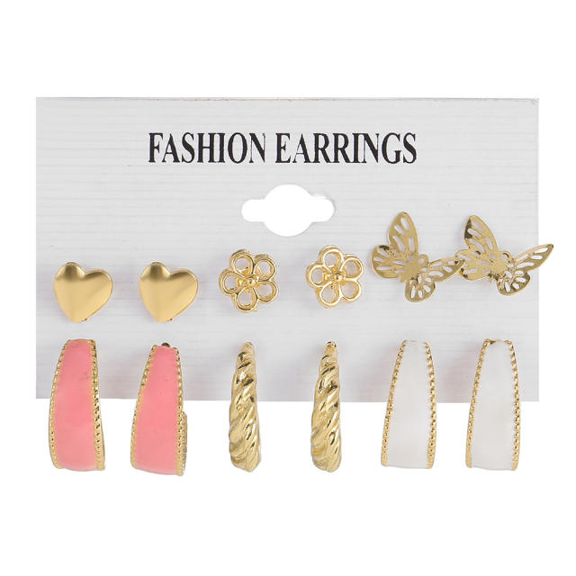 6pcs cute pink color enamel earrings set