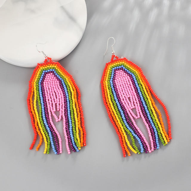 Boho seed beads tassel rainbow earrings