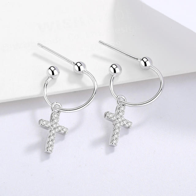 S925 diamond cross dangle earrings