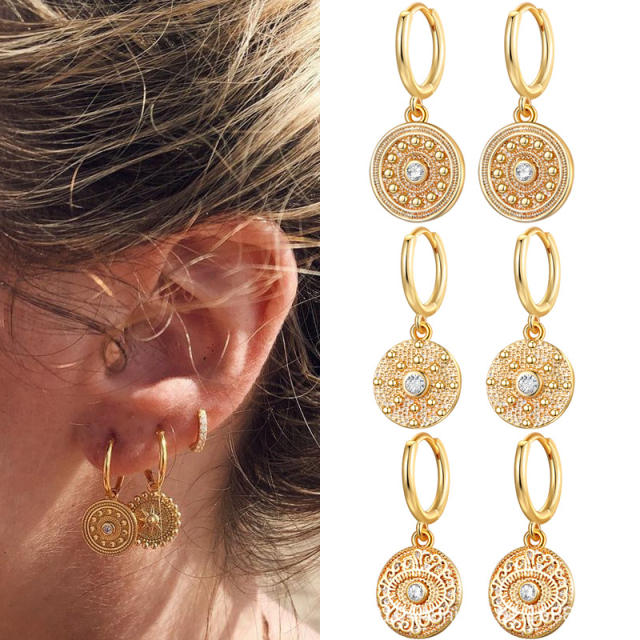 Vintage evil eye coin charm huggie earrings