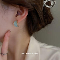 Enamel light blue color rhinestone open hoop earrings