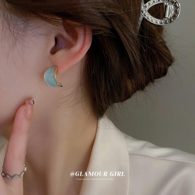 Enamel light blue color rhinestone open hoop earrings