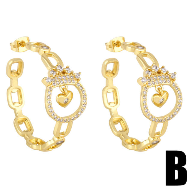 Personality diamond crown chain hoop earrings