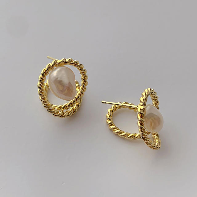 Vintage water pearl 925 needle real gold plated ear studs