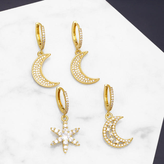 Rhinestone moon star 18KG copper huggie earrings