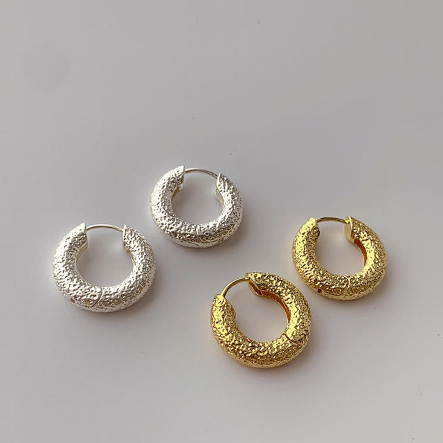 INS vintage metal pattern real gold plated huggie earrings