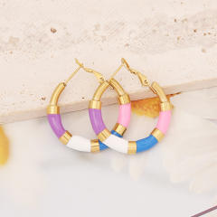 Color enamel stainless steel bamboo hoop earrings
