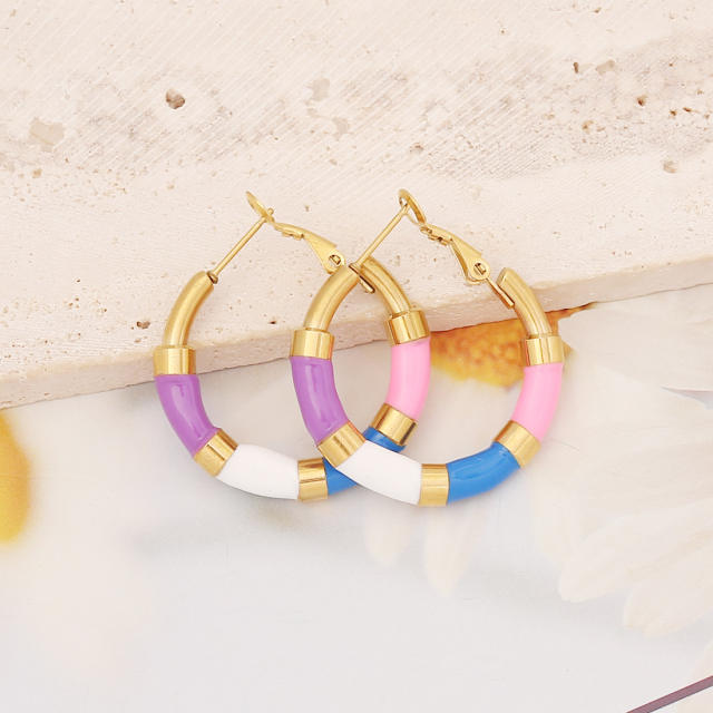 Color enamel stainless steel bamboo hoop earrings