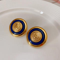 Vintage metal button blue badge ear studs