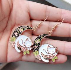 Cute enamel sleeping cat moon earrings