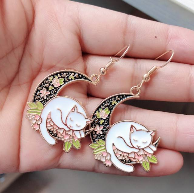 Cute enamel sleeping cat moon earrings