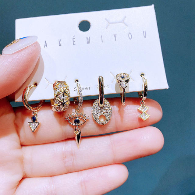 6pcs pave setting rhinestong evil eye huggie earrings set