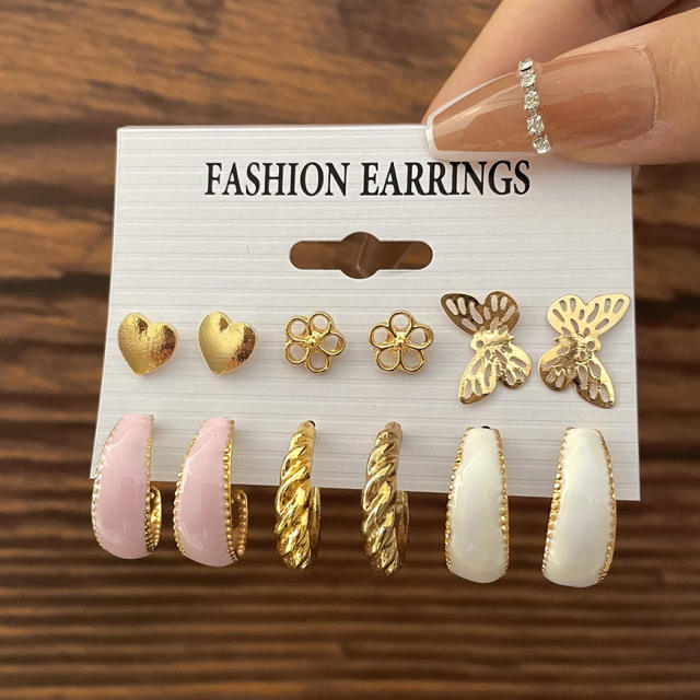 6pcs cute pink color enamel earrings set