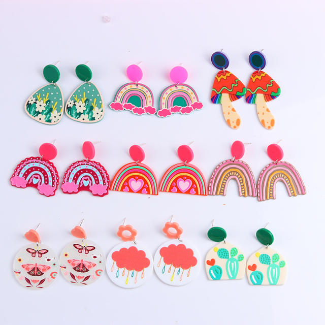Colored acrylic flower mushroom cute earrings