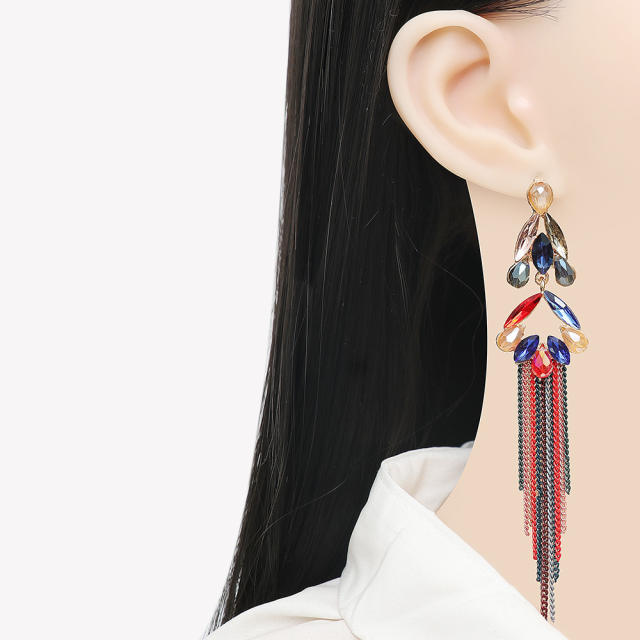 Glass crystal chain tassel long earrings