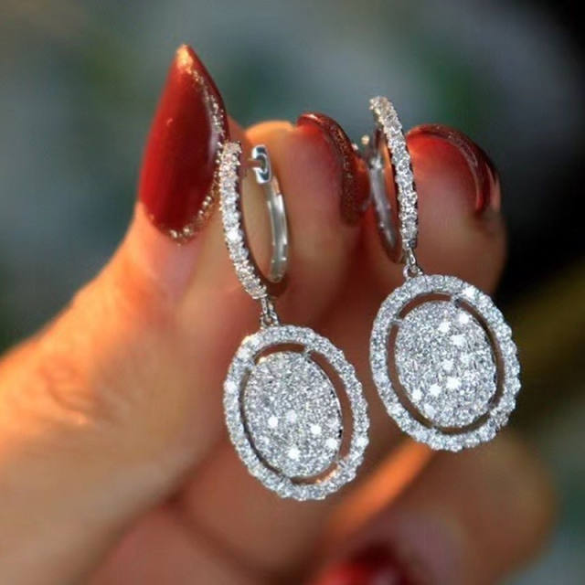 Full of rhinestone oval charm huggie earrings