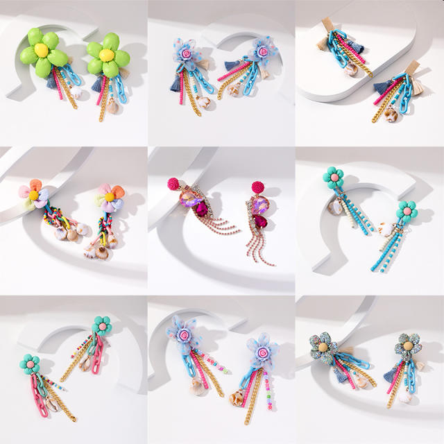Occident fashion colorful flower chain tassel earrings
