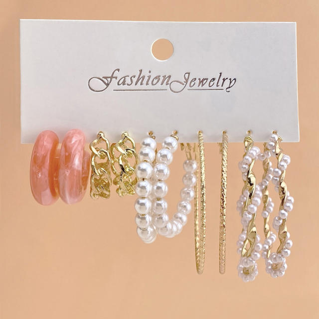 5pair pearl beads hoop earrings set