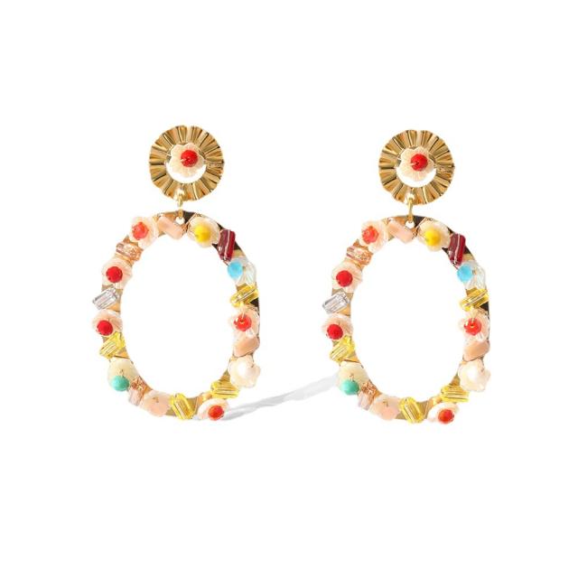 Handmade wireline color stone geometric earrings