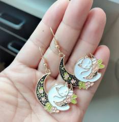 Cute enamel sleeping cat moon earrings