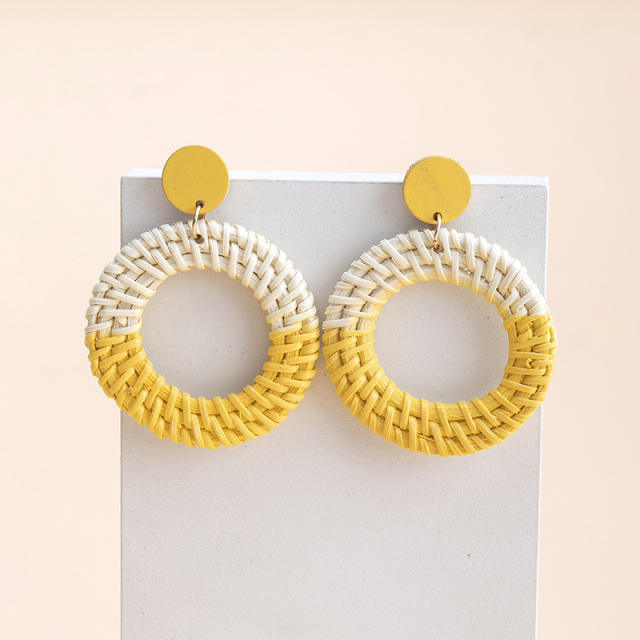 Boho contrast color straw ring dangle earrings for women