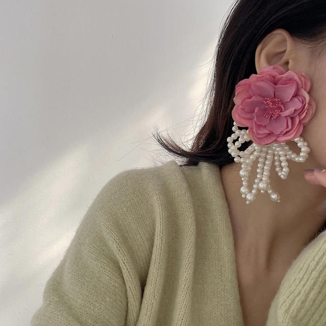 Elegant bloom flower beaded tassel earrings