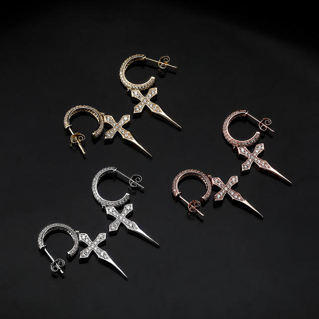 Hip hop zircon cross earrings