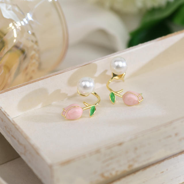 Korean fashion pink tulip pearl ear studs