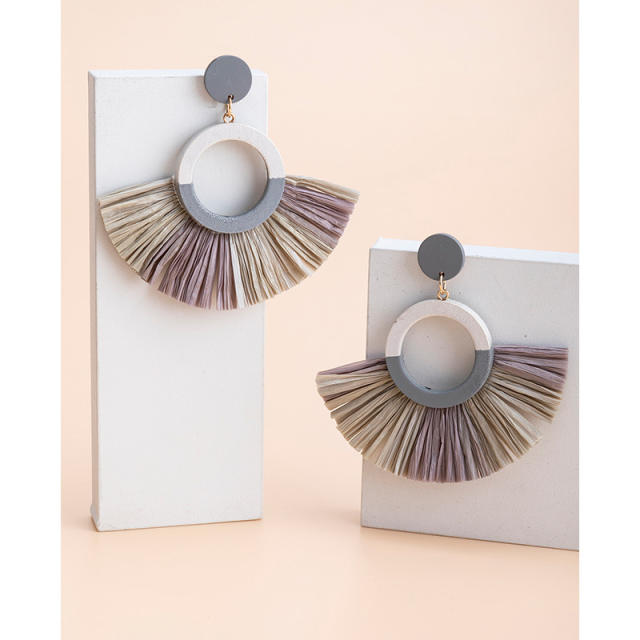 Boho summer colorful straw fan shape earrings