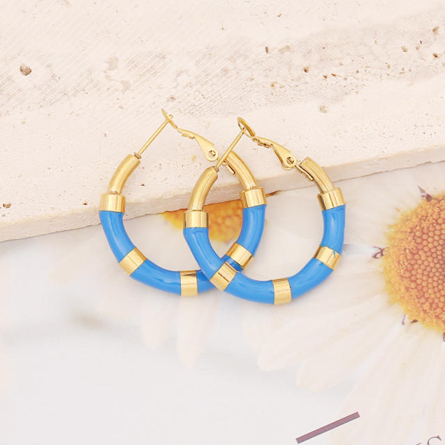 Color enamel stainless steel bamboo hoop earrings