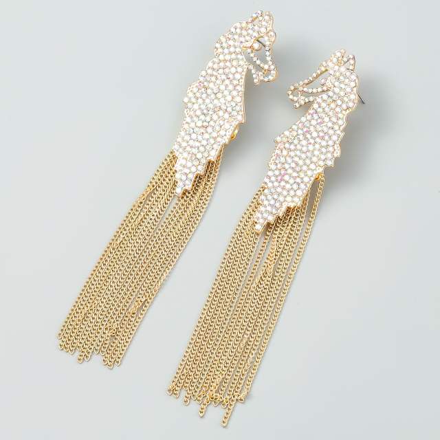 Rhinestone zebra chain tassel earrings