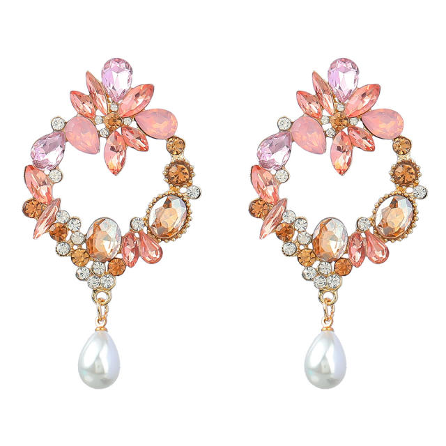 Geometric shape rhinestone pearl earrings