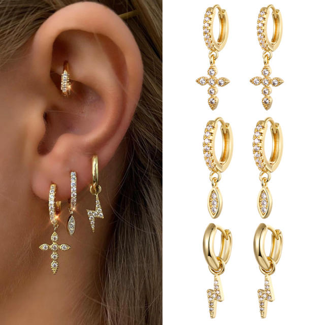 Rhinestone flash cross tiny huggie earrings
