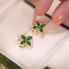 Green color cubic zircon clover rotatable ear studs
