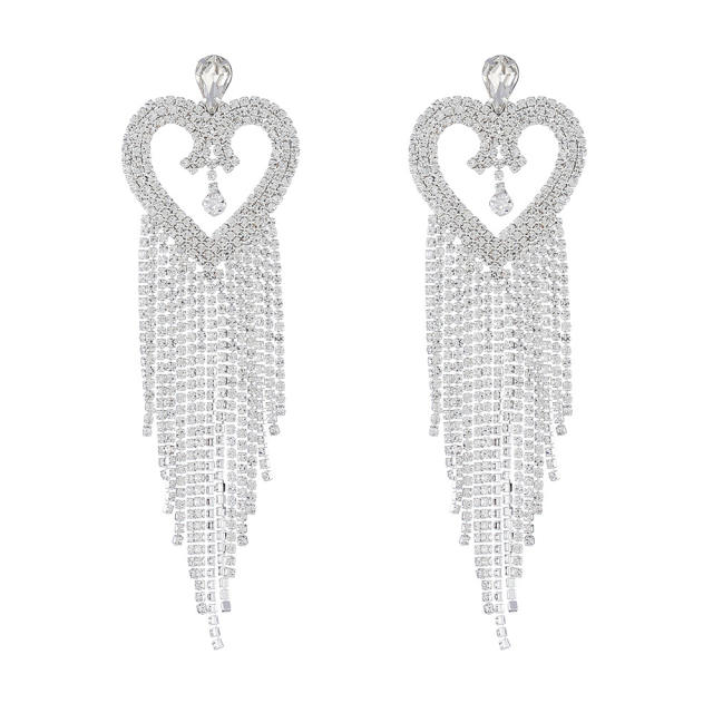 Color rhinestont pave setting long tassel heart earrings