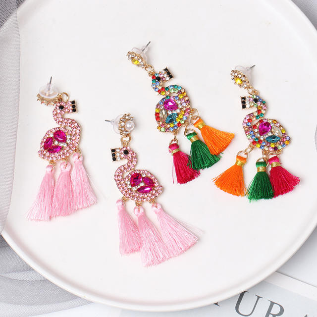 Creative Flamingo rhinestone statement tassel earrings