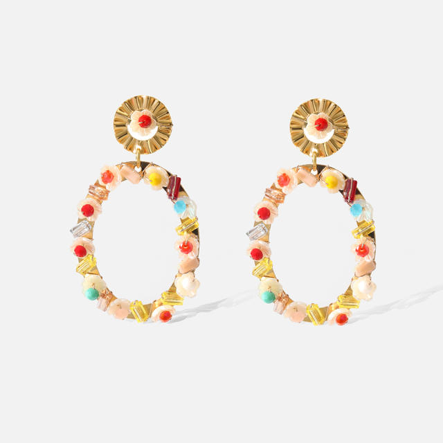 Handmade wireline color stone geometric earrings