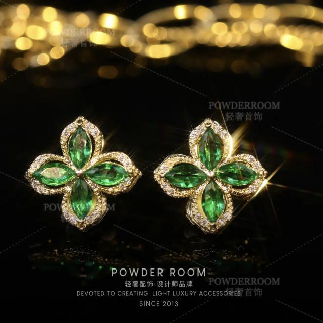 Green color cubic zircon clover rotatable ear studs
