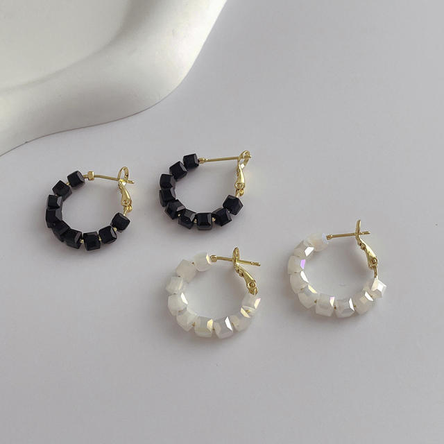 Vintage black white crystal beads small hoop earrings