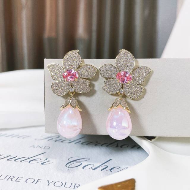 Luxury pave setting cubic zircon bloom flower pearl drop earrings